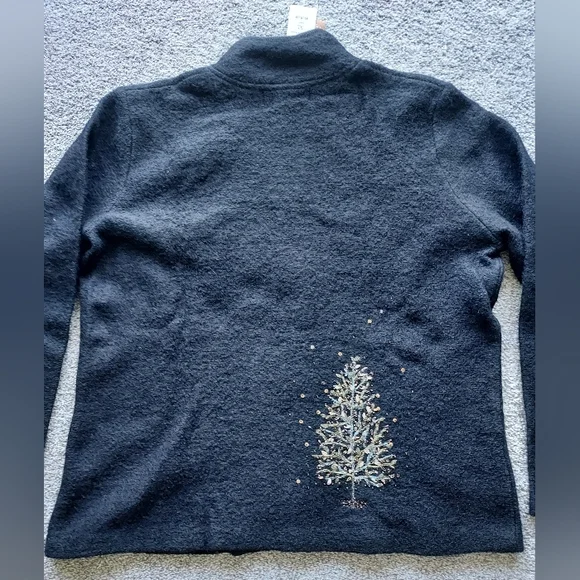 NWT Coldwater Creek XL Black Wool Cardigan Sweater Embellished Trees - Picture 14 of 16